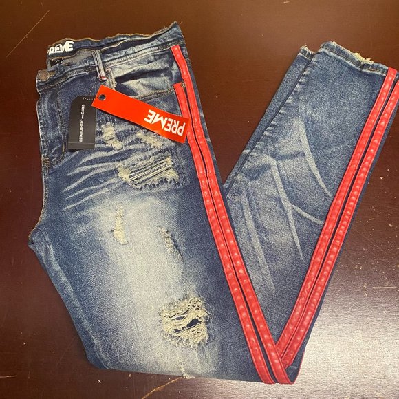 Preme Mens Blue 5 Pocket Design Distressed Denim Straight Leg Jeans Size 40/34
